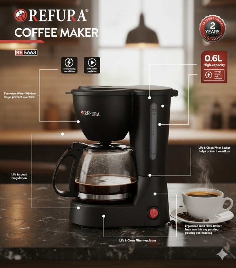 صانعة قهوة مقطرة مدمجة | سعة 0.6 لتر | إبريق زجاجي مع وظيفة منع التنقيط ومؤشر مستوى الماء | RE-5663